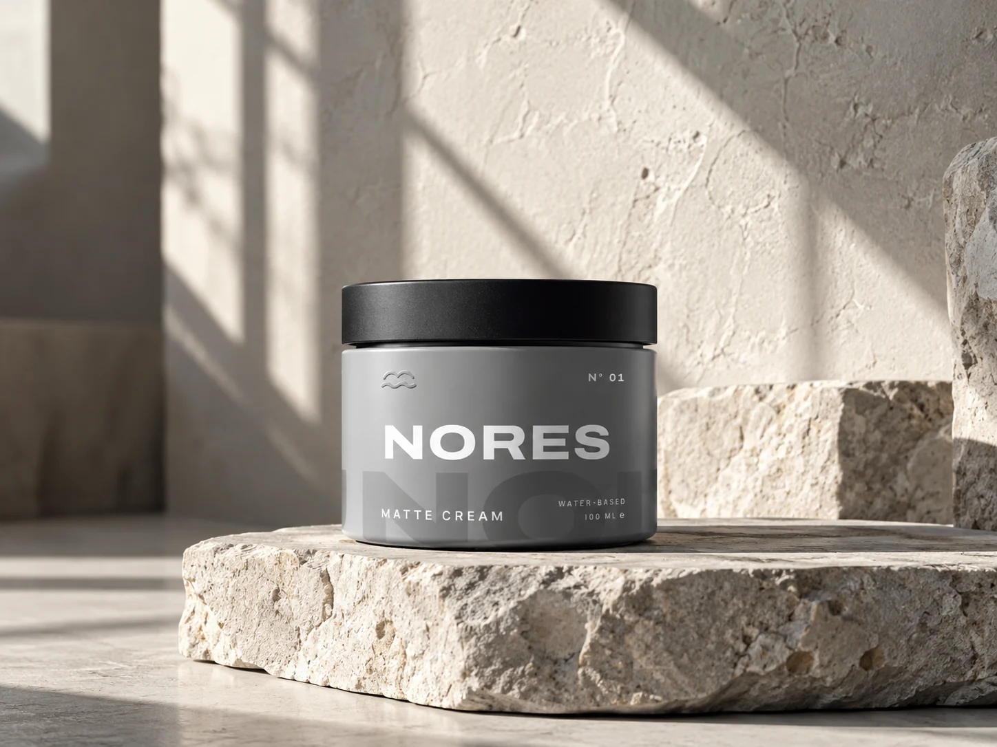 NORES jar on a limestone block in morning window light